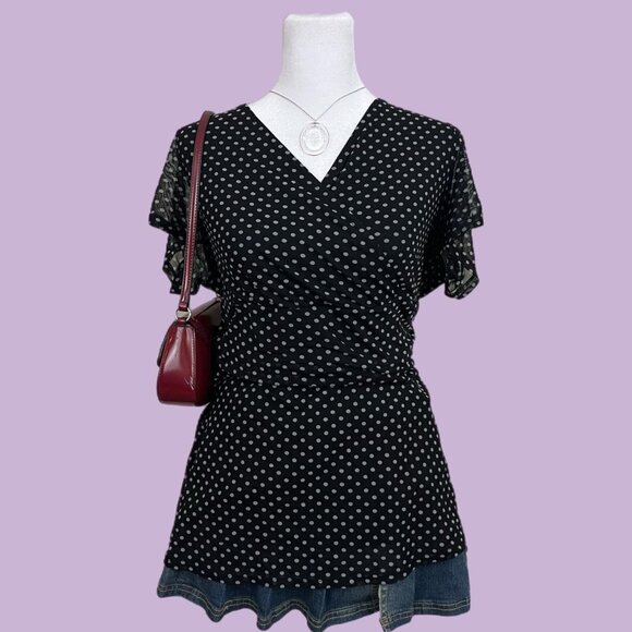 black polka dot girly downtown it girl mesh top - Picture 1 of 8